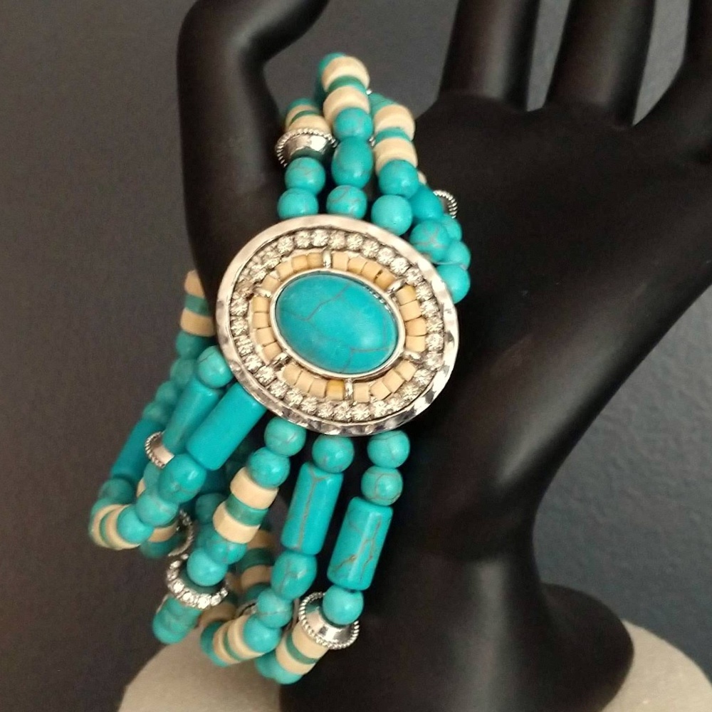 Turq.,wood & crystal multi strand stretch bracelet